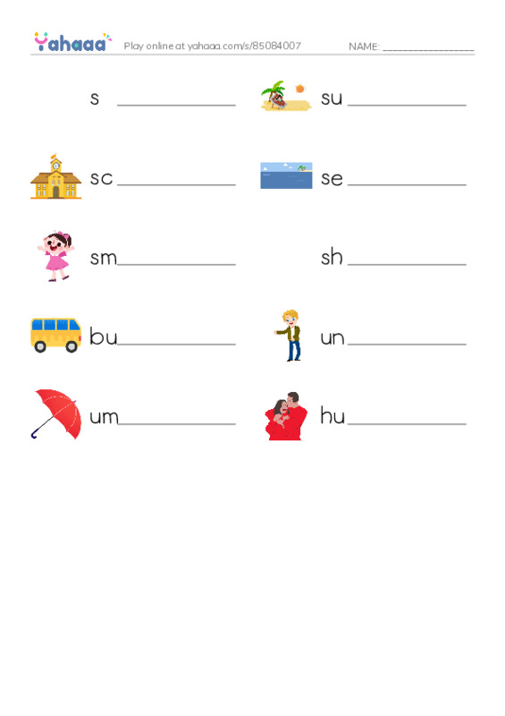 Write the word rows worksheet for s, summer, school and 7 more