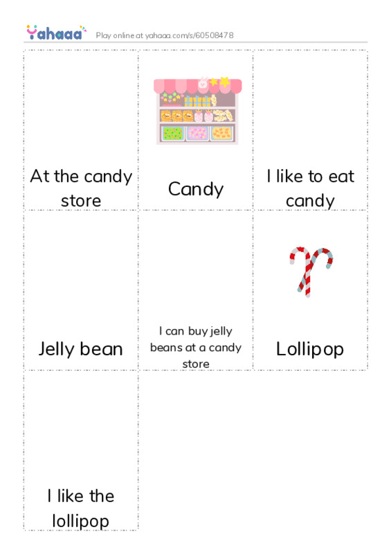 Picture flashcards worksheet for At the candy store, Candy, I like to eat candy and 4 more