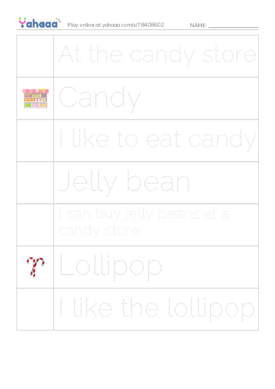 Picture and word rows worksheet for At the candy store, Candy, I like to eat candy and 4 more