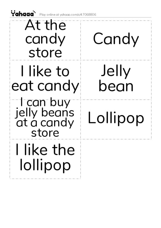 Word flashcards worksheet for At the candy store, Candy, I like to eat candy and 4 more