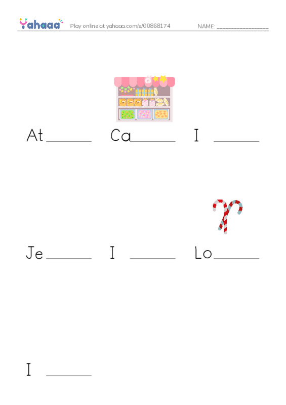 Finish the word worksheet for At the candy store, Candy, I like to eat candy and 4 more