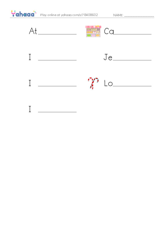 Write the word rows worksheet for At the candy store, Candy, I like to eat candy and 4 more