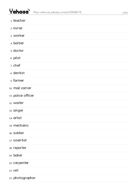 Word list with meanings worksheet for jobs