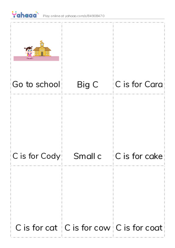 Picture flashcards worksheet for Go to school, Big C, C is for Cara and 10 more