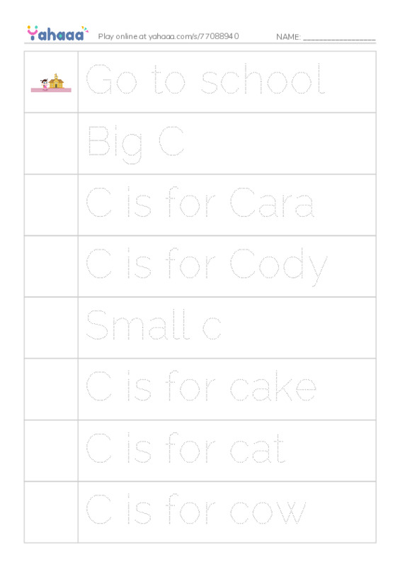 Picture and word rows worksheet for Go to school, Big C, C is for Cara and 10 more