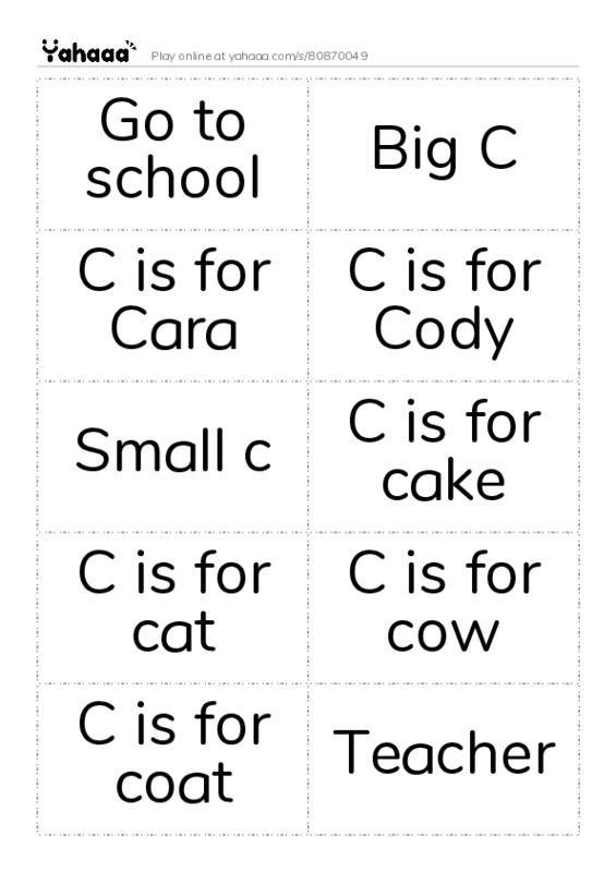 Word flashcards worksheet for Go to school, Big C, C is for Cara and 10 more