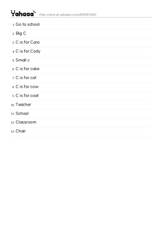 Word list with meanings worksheet for Go to school, Big C, C is for Cara and 10 more