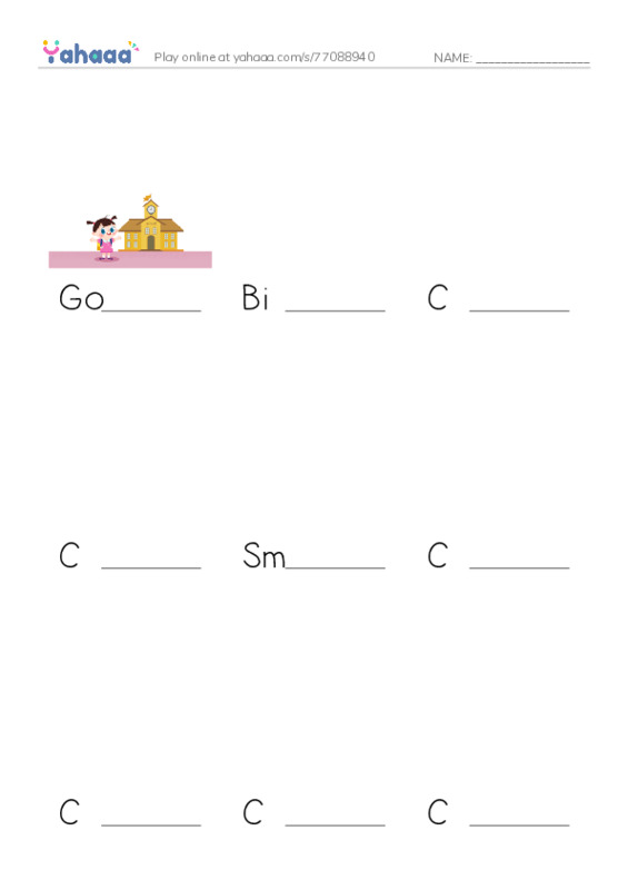 Finish the word worksheet for Go to school, Big C, C is for Cara and 10 more