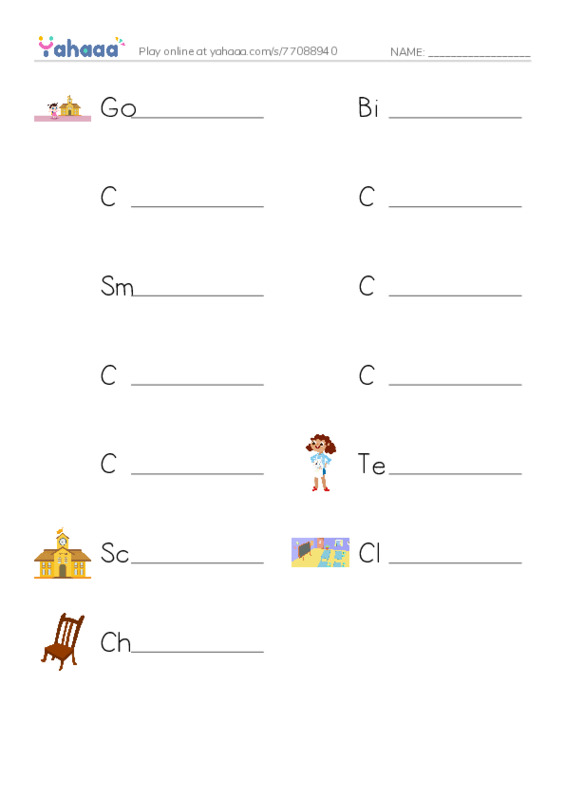 Write the word rows worksheet for Go to school, Big C, C is for Cara and 10 more