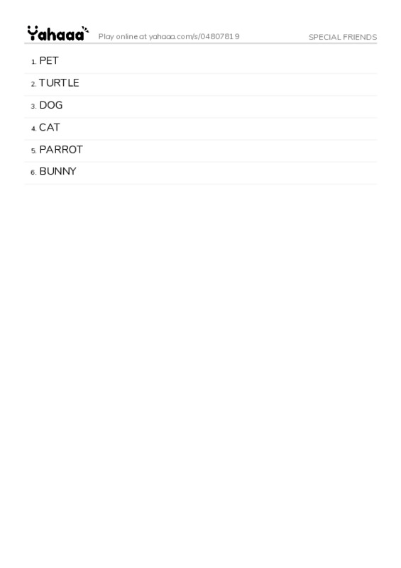 Word list with meanings worksheet for SPECIAL FRIENDS