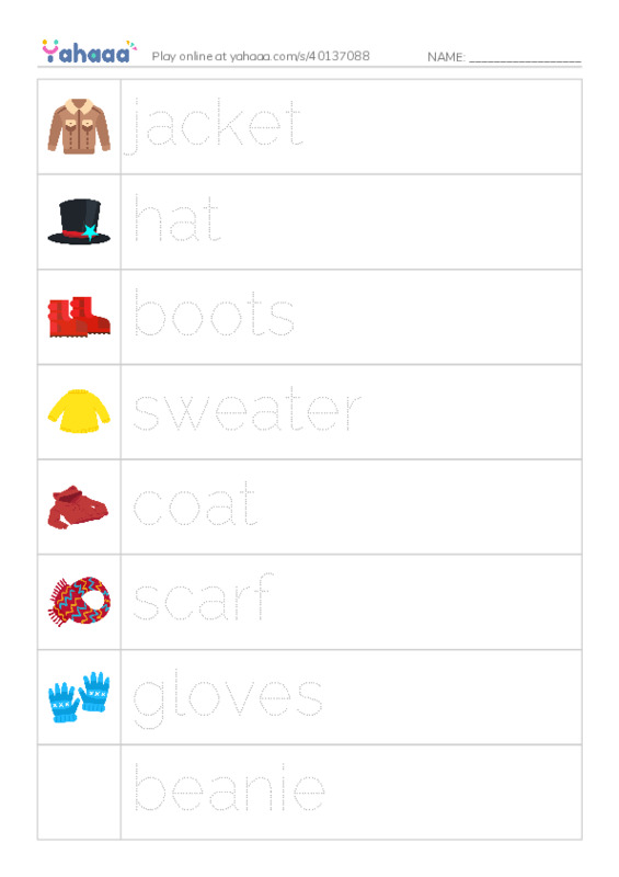 Picture and word rows worksheet for Winter Clothes