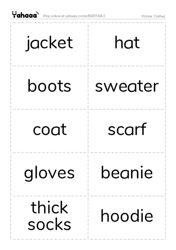 Word flashcards worksheet for Winter Clothes