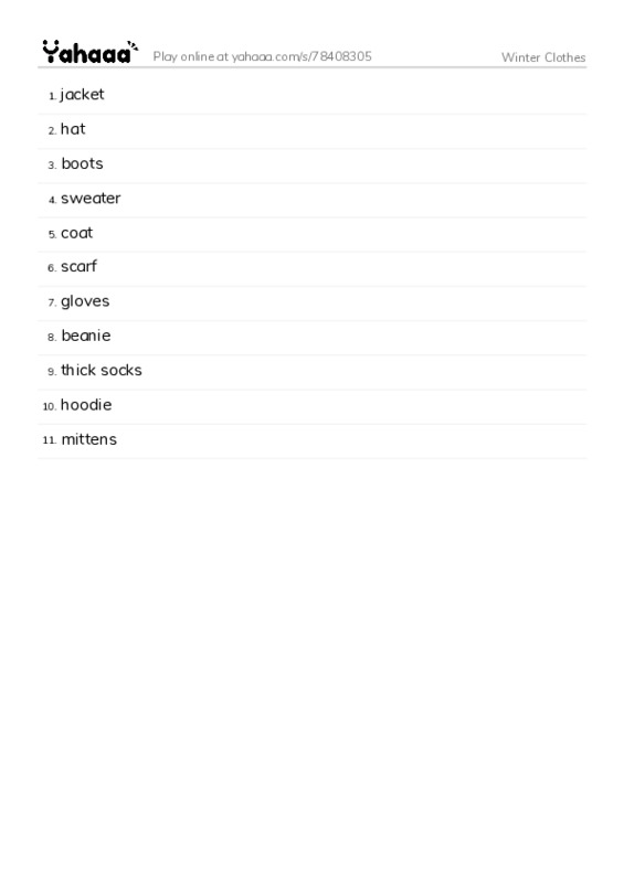 Word list with meanings worksheet for Winter Clothes