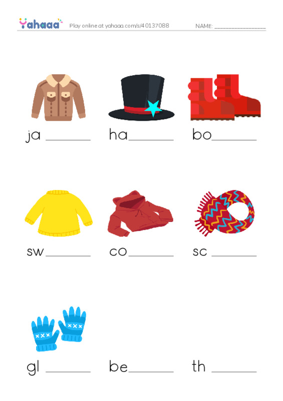 Finish the word worksheet for Winter Clothes