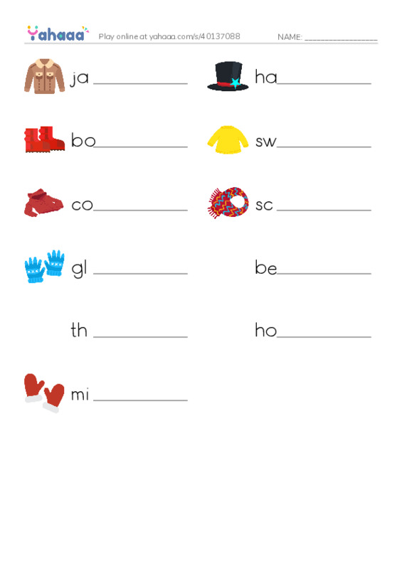 Write the word rows worksheet for Winter Clothes
