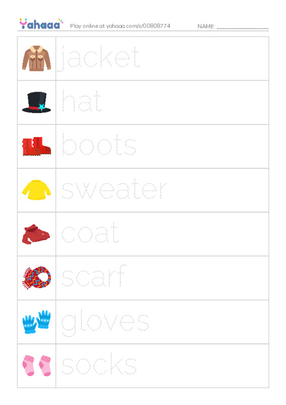 Picture and word rows worksheet for Winter Clothes