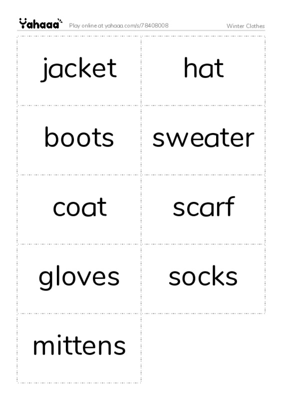 Word flashcards worksheet for Winter Clothes
