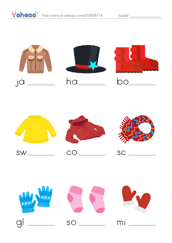 Finish the word worksheet for Winter Clothes
