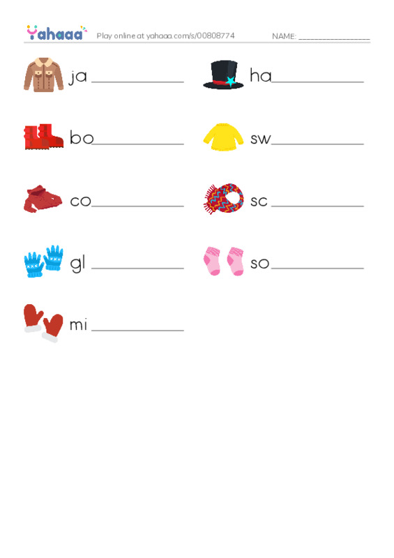 Write the word rows worksheet for Winter Clothes