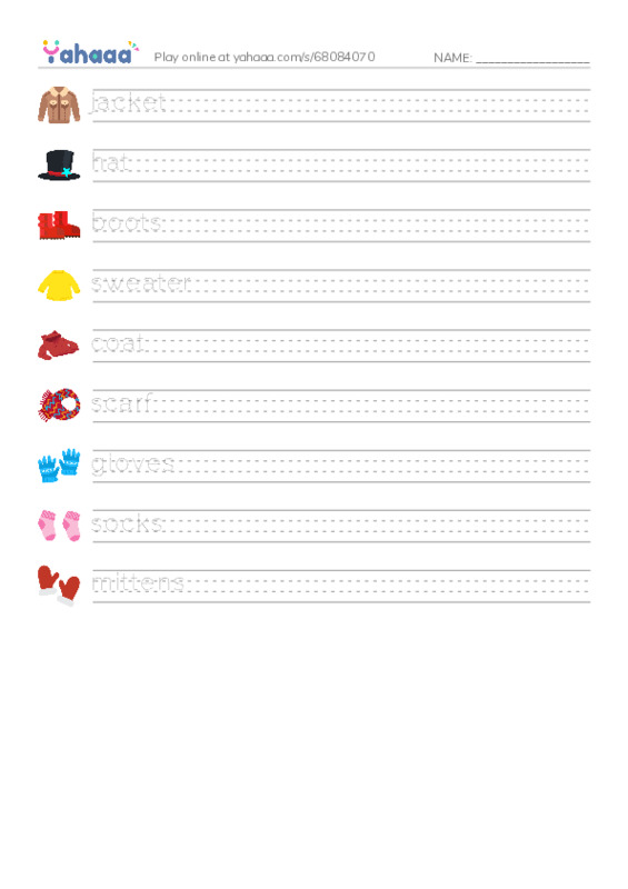 Handwriting lines worksheet for Winter Clothes