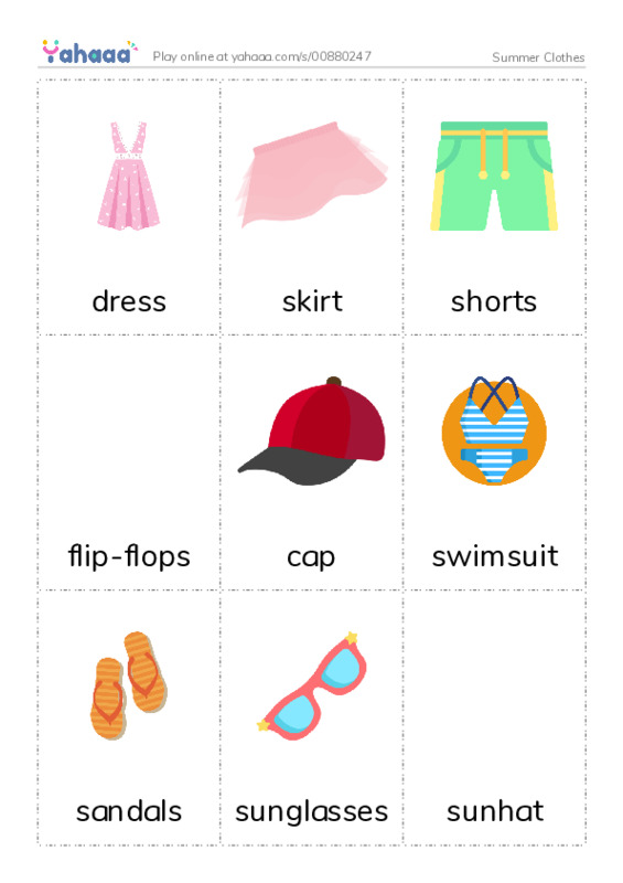 Picture flashcards worksheet for Summer Clothes