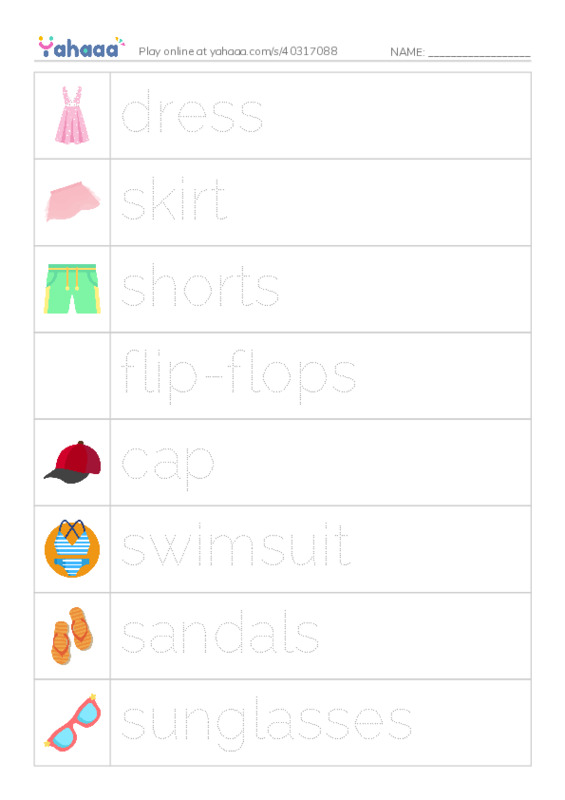 Picture and word rows worksheet for Summer Clothes