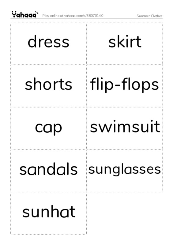 Word flashcards worksheet for Summer Clothes