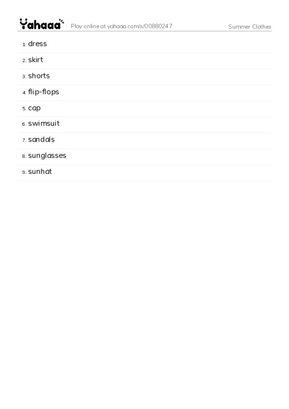 Word list with meanings worksheet for Summer Clothes