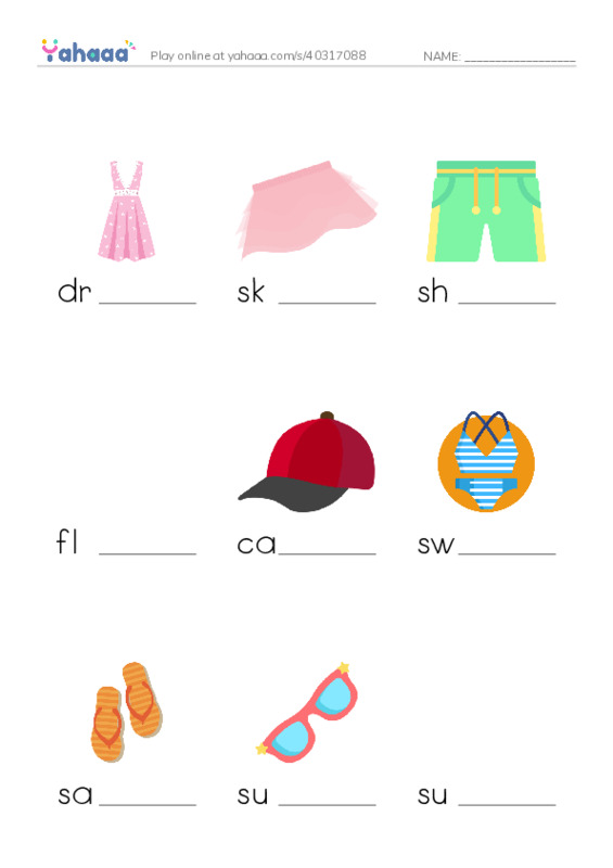 Finish the word worksheet for Summer Clothes