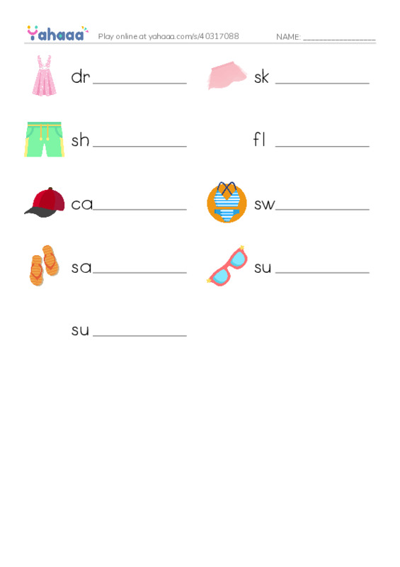 Write the word rows worksheet for Summer Clothes