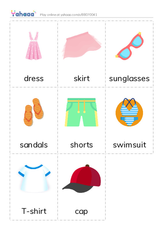 Picture flashcards worksheet for dress, skirt, sunglasses and 5 more