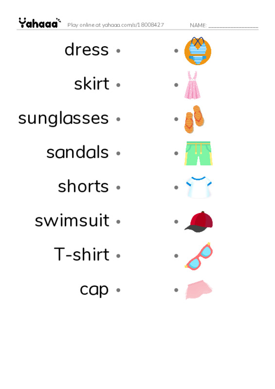 Draw a line to match worksheet for dress, skirt, sunglasses and 5 more