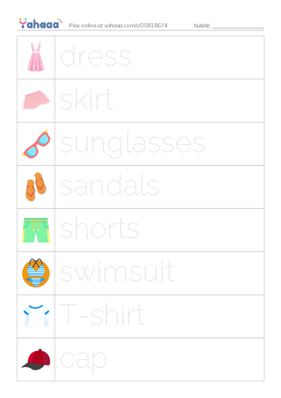 Picture and word rows worksheet for dress, skirt, sunglasses and 5 more