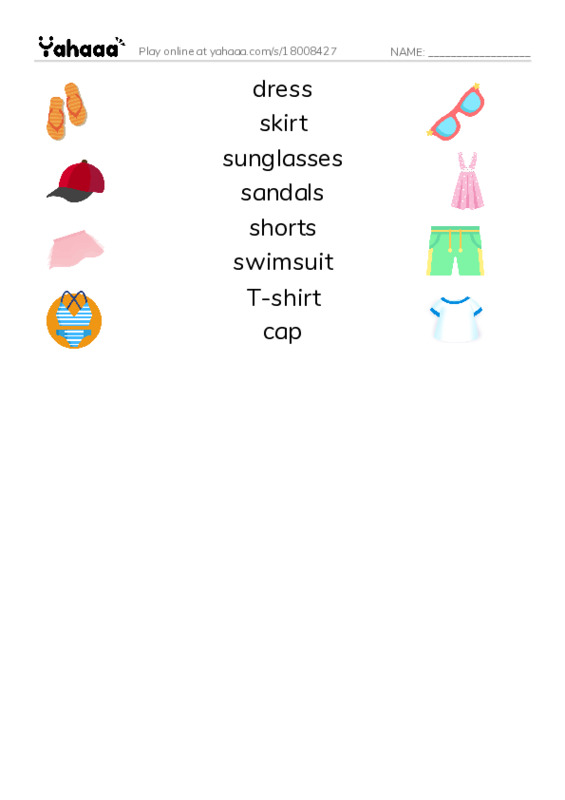 Match both sides worksheet for dress, skirt, sunglasses and 5 more