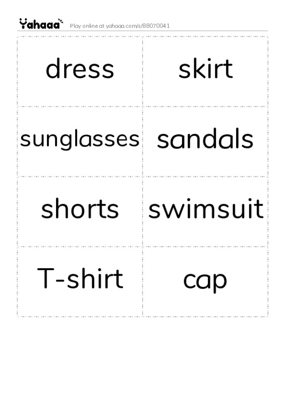 Word flashcards worksheet for dress, skirt, sunglasses and 5 more