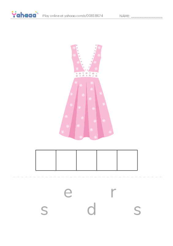 Letter scramble puzzle worksheet for dress, skirt, sunglasses and 5 more