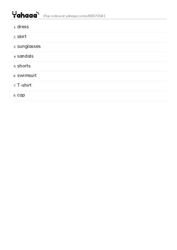 Word list with meanings worksheet for dress, skirt, sunglasses and 5 more