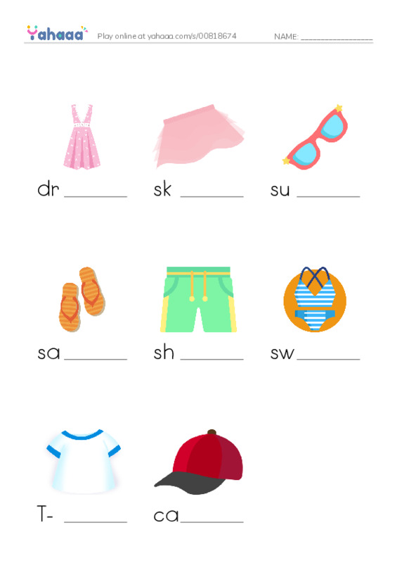 Finish the word worksheet for dress, skirt, sunglasses and 5 more