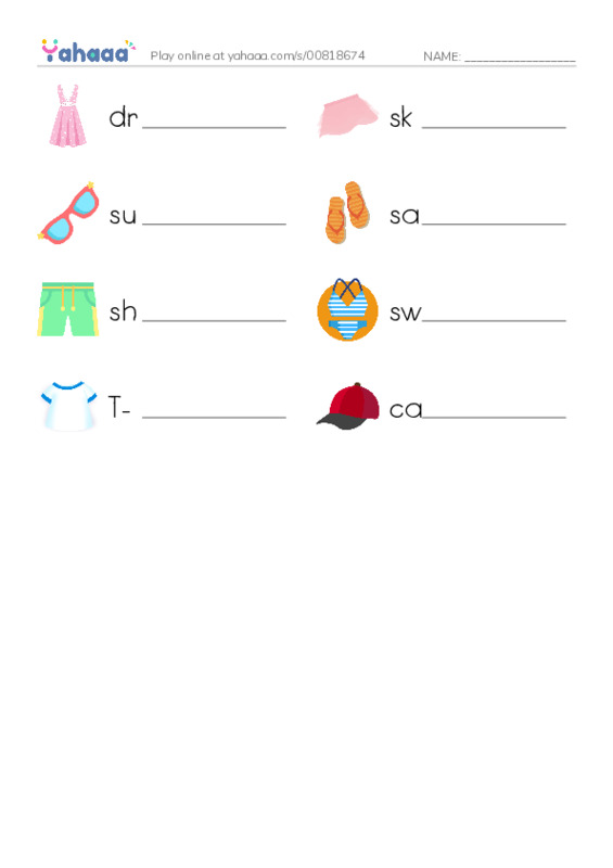 Write the word rows worksheet for dress, skirt, sunglasses and 5 more