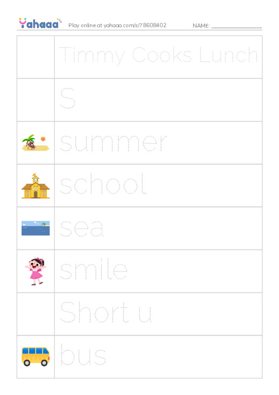 Picture and word rows worksheet for Timmy Cooks Lunch, S, summer and 14 more