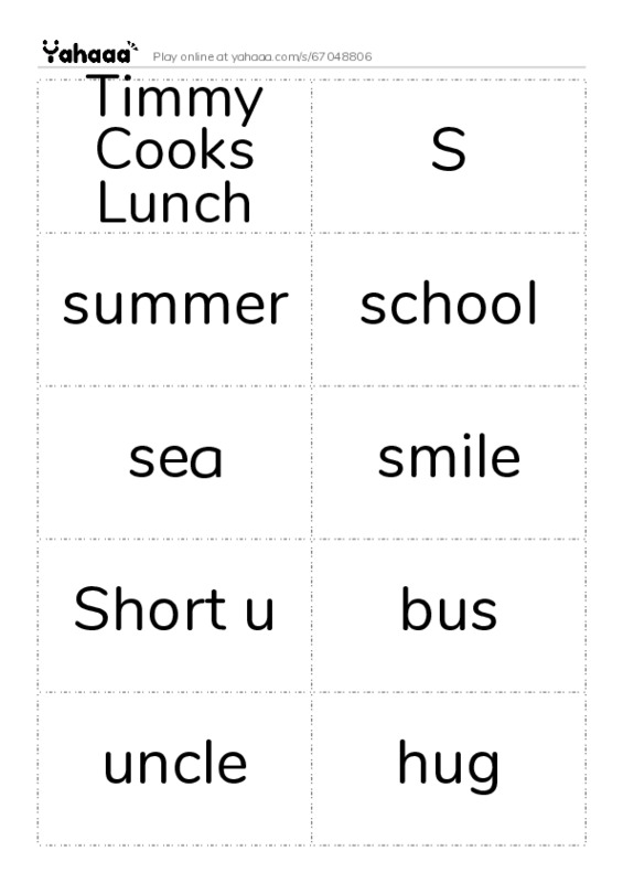 Word flashcards worksheet for Timmy Cooks Lunch, S, summer and 14 more
