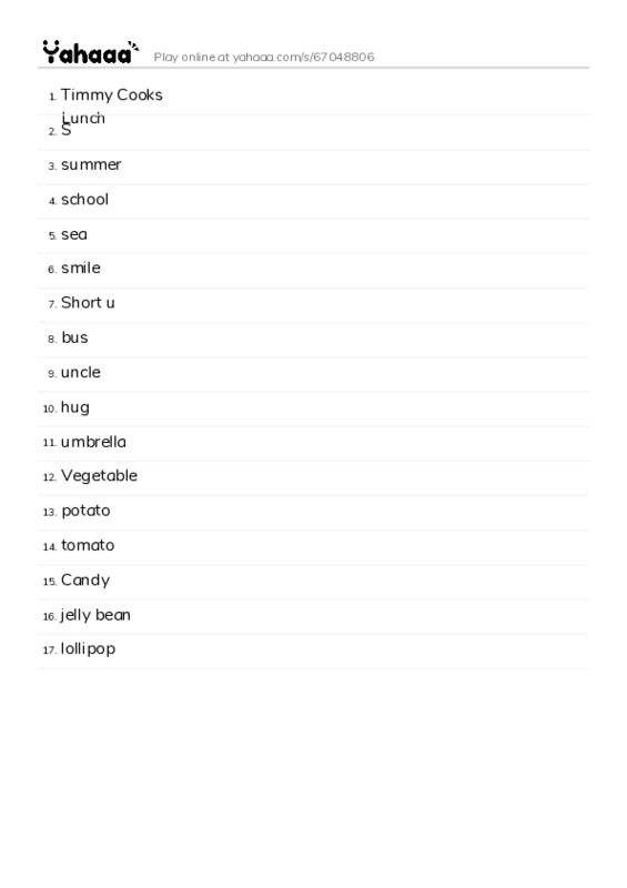 Word list with meanings worksheet for Timmy Cooks Lunch, S, summer and 14 more
