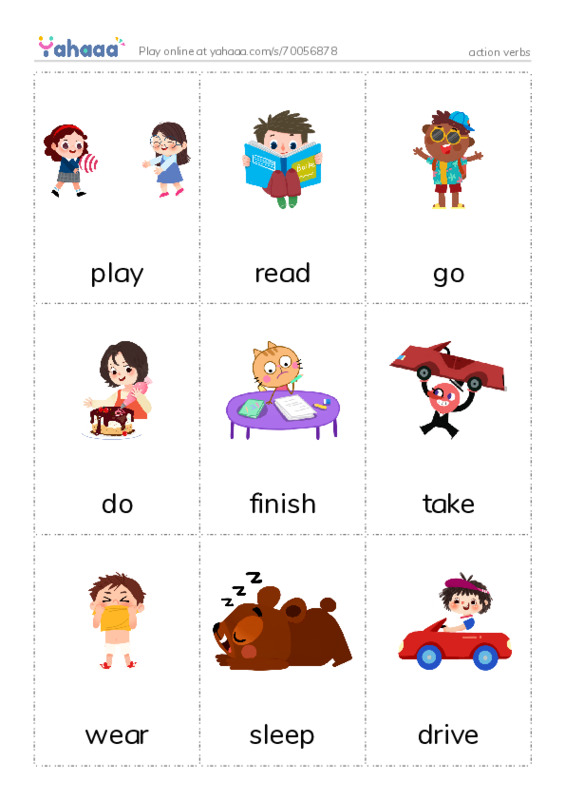 Picture flashcards worksheet for action verbs