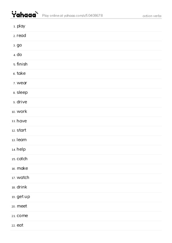 Word list with meanings worksheet for action verbs