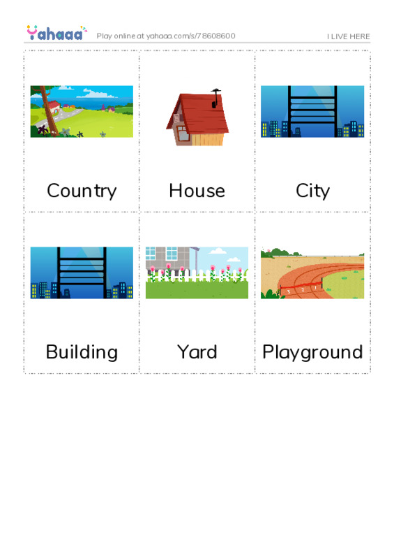 Picture flashcards worksheet for I LIVE HERE