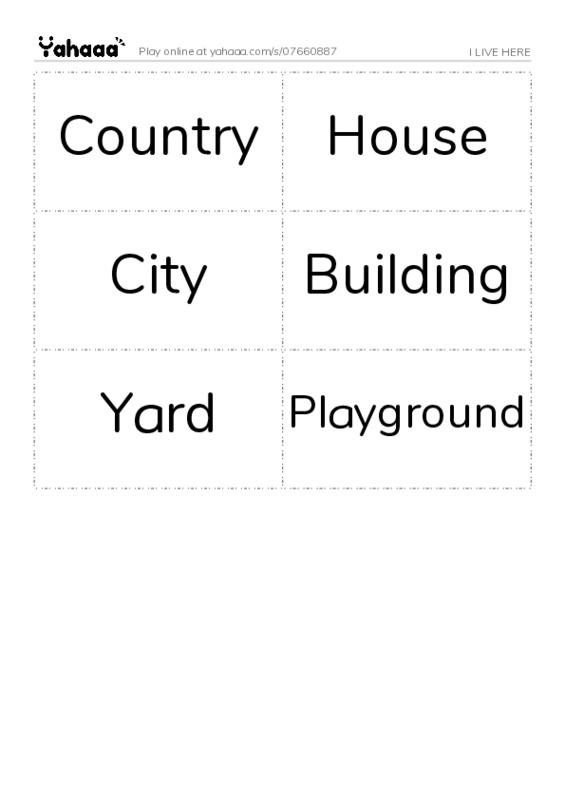 Word flashcards worksheet for I LIVE HERE