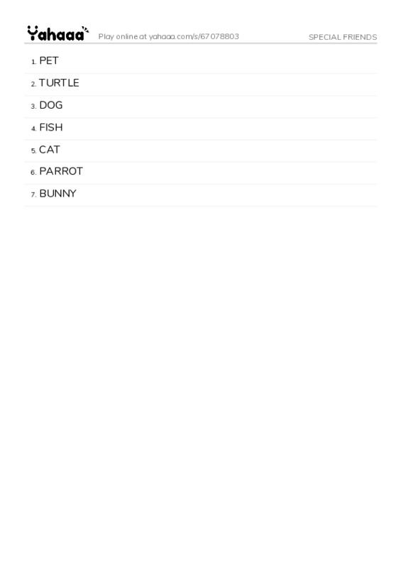 Word list with meanings worksheet for SPECIAL FRIENDS