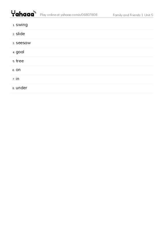 Word list with meanings worksheet for Family and Friends 1 Unit 5