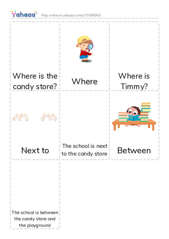 Picture flashcards worksheet for Where is the candy store?, Where, Where is Timmy? and 4 more