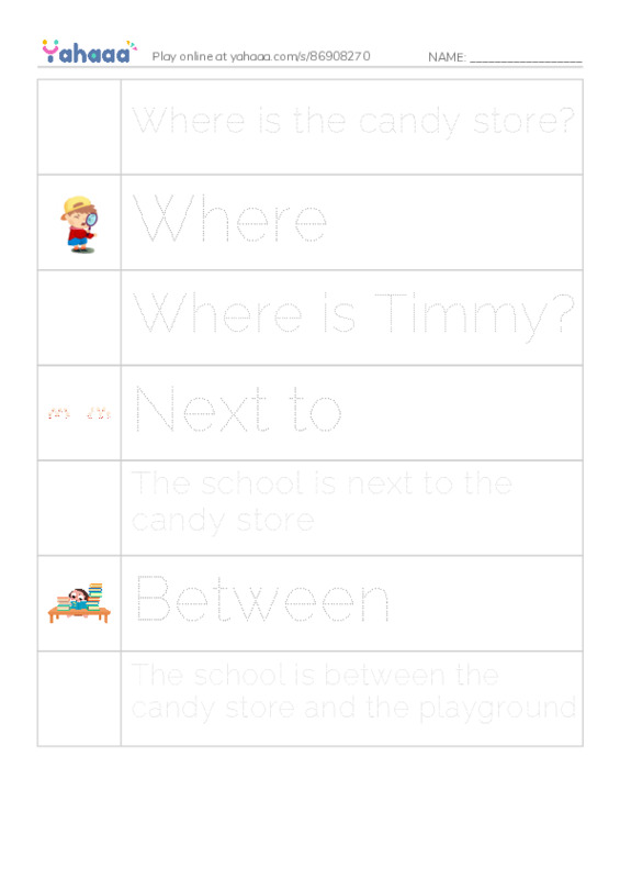 Picture and word rows worksheet for Where is the candy store?, Where, Where is Timmy? and 4 more